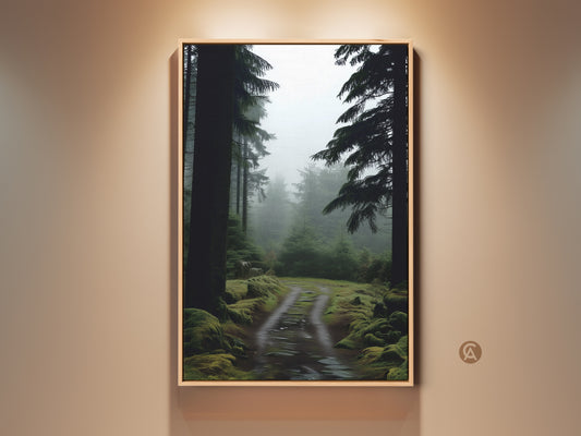 Rustic misty forest path art print framed in oak. Deep green pine trees line the canvas. Ideal nature landscape decor for hikers and outdoor lovers. The serene artwork brings a tranquil vibe to any space.