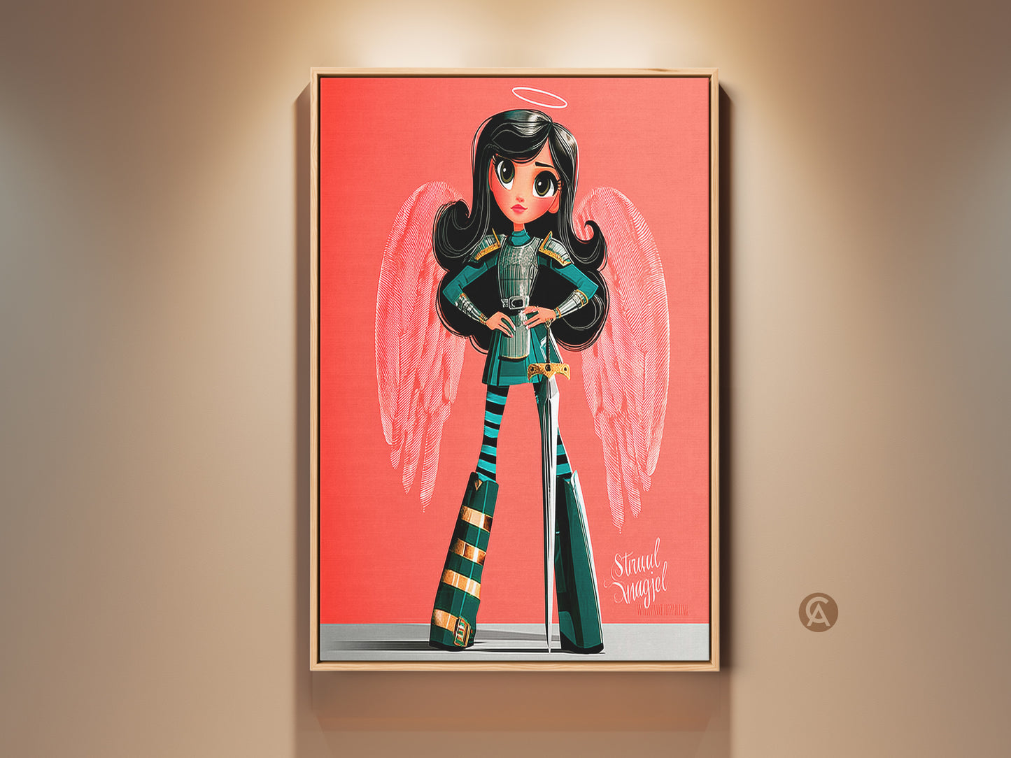 Charming angel warrior canvas art in a kid-friendly setting. This modern cartoon angel girl art features bright coral background with teal and pink accents. Perfect fantasy character wall decor gift.