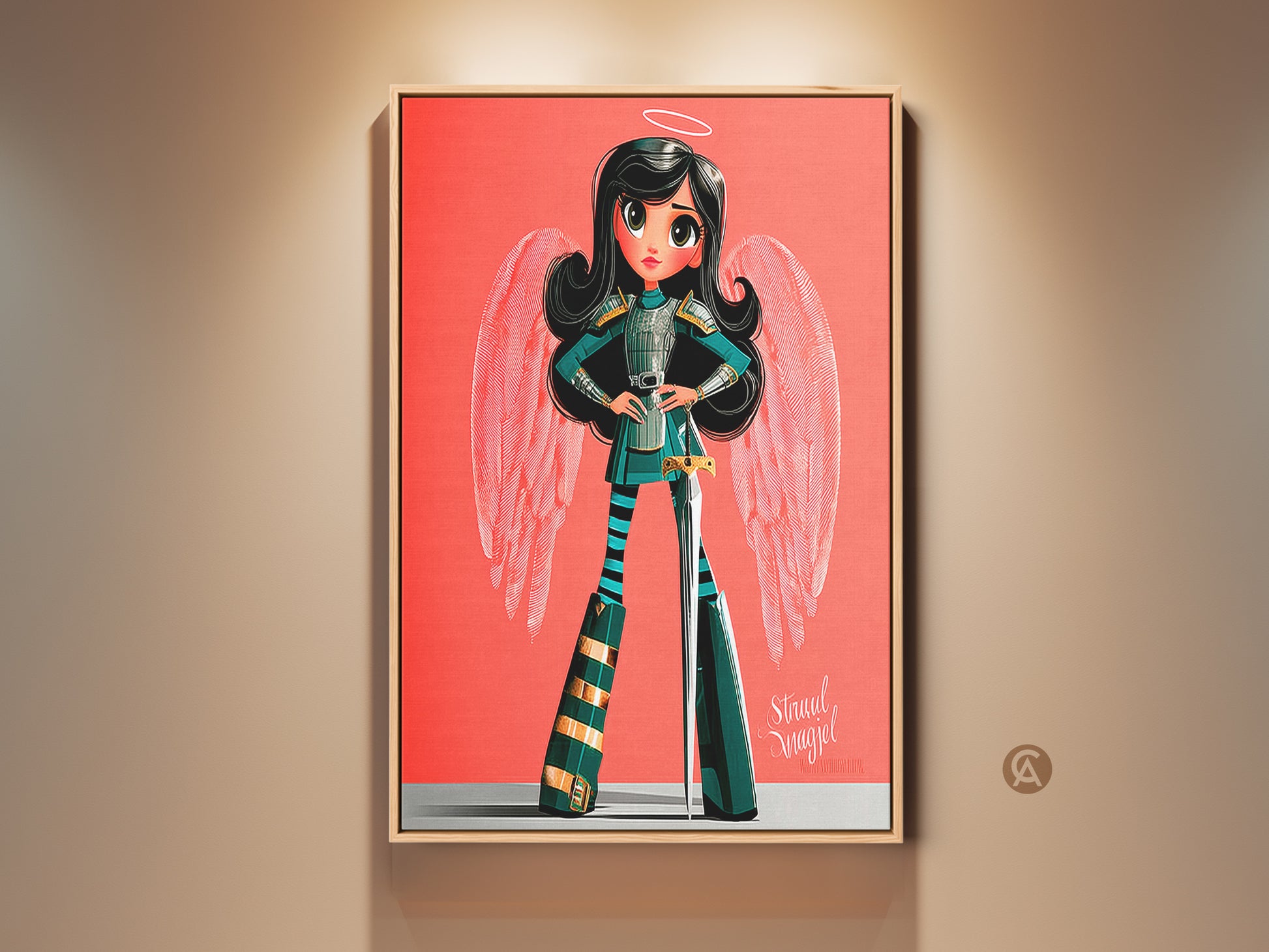 Charming angel warrior canvas art in a kid-friendly setting. This modern cartoon angel girl art features bright coral background with teal and pink accents. Perfect fantasy character wall decor gift.