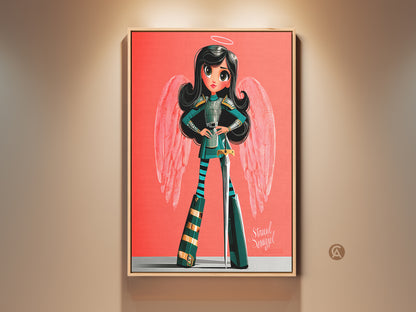 Charming angel warrior canvas art in a kid-friendly setting. This modern cartoon angel girl art features bright coral background with teal and pink accents. Perfect fantasy character wall decor gift.