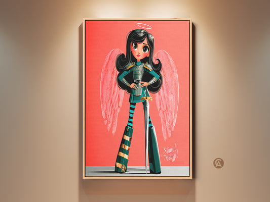 Charming angel warrior canvas art in a kid-friendly setting. This modern cartoon angel girl art features bright coral background with teal and pink accents. Perfect fantasy character wall decor gift.
