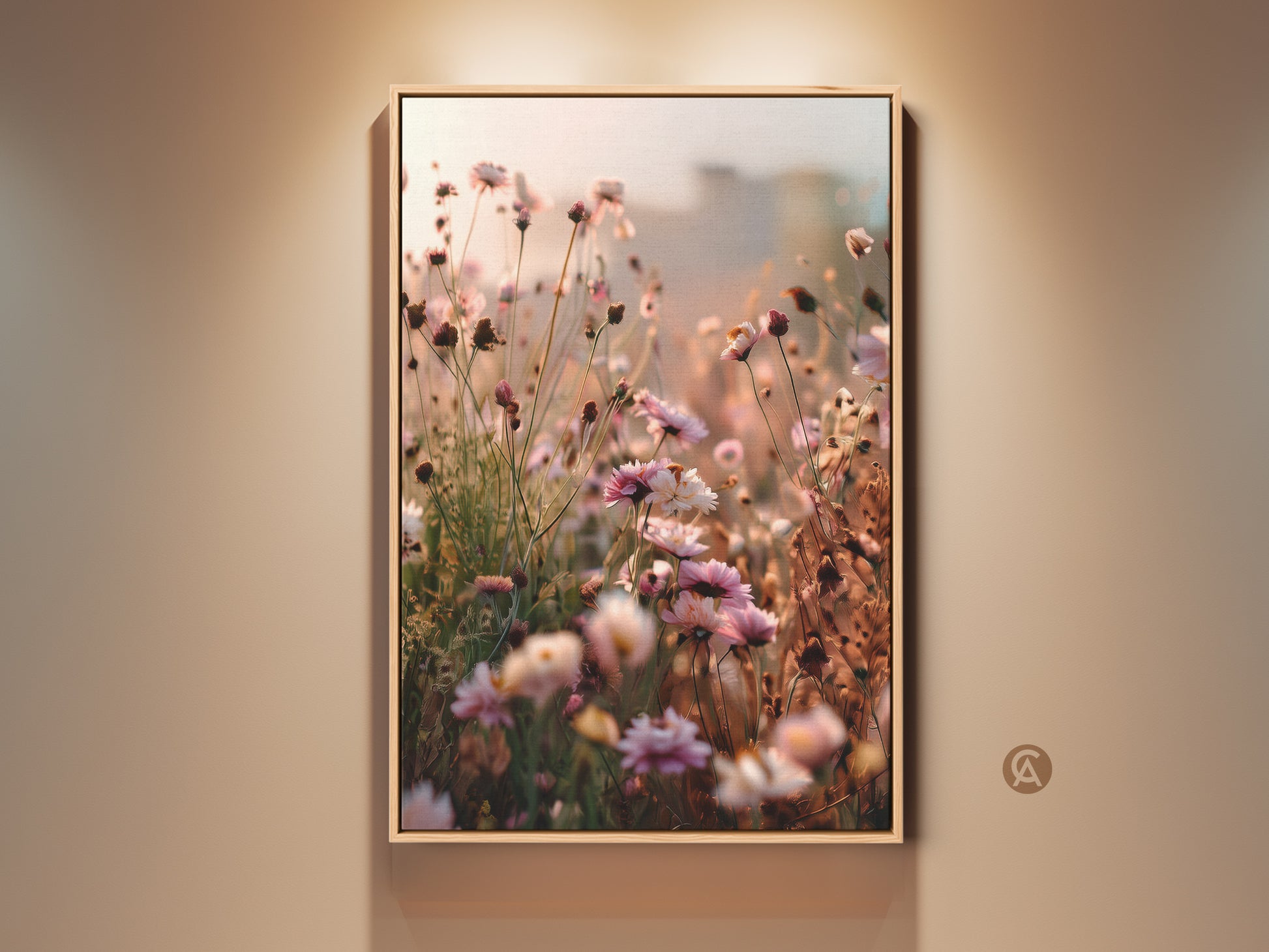 Boho botanical art print displayed in a wooden frame. This impressionistic wildflower canvas wall art features soft pink and peach floral decor. A dreamy nature artwork perfect as a bedroom gift. This framed art enhances any space with its organic charm.