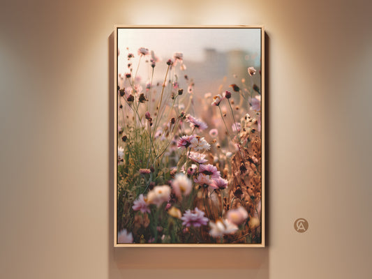 Boho botanical art print displayed in a wooden frame. This impressionistic wildflower canvas wall art features soft pink and peach floral decor. A dreamy nature artwork perfect as a bedroom gift. This framed art enhances any space with its organic charm.