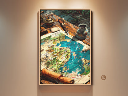 Framed fantasy world map artwork. This wall art features a detailed nautical map. It sits on a table with antique decor. Perfect for adding adventure to your space. Shop now for canvas prints and posters.