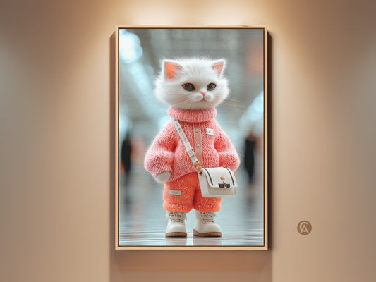 Framed artwork featuring a cute white kitten dressed in a pink sweater and orange pants. The kitten is carrying a small white purse. This charming wall art is ideal for a nursery or cat lover's home. The frame adds a touch of sophistication.