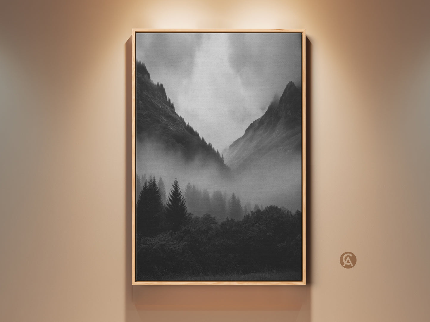 Monochrome Foggy Forest Canvas art print in a oak frame. Black and white mountain landscape wall art for modern nature decor. Misty pine trees add to the atmospheric mountain view. Neutral tone wall art enhances a serene nature artwork.