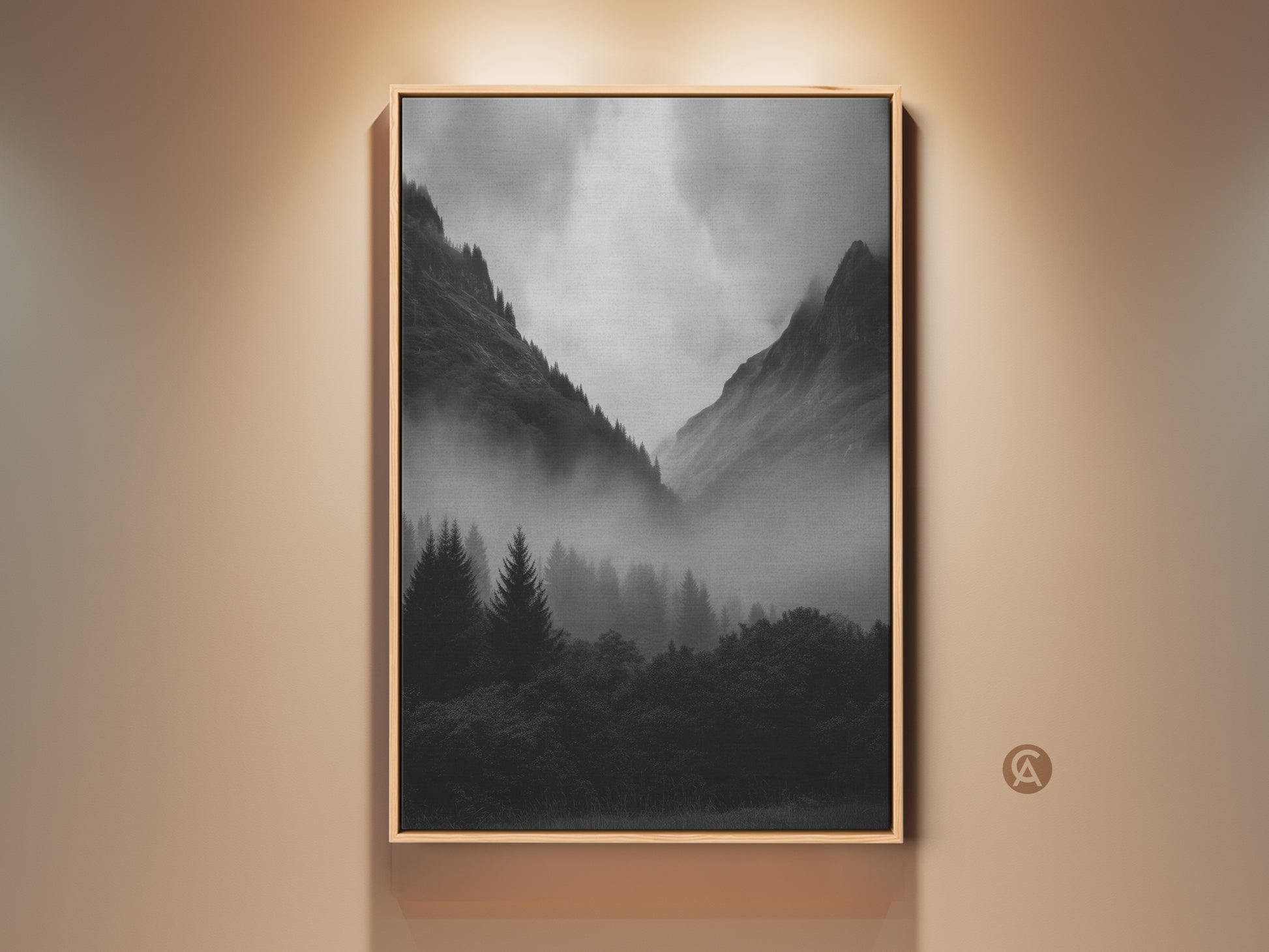 Monochrome Foggy Forest Canvas art print in a oak frame. Black and white mountain landscape wall art for modern nature decor. Misty pine trees add to the atmospheric mountain view. Neutral tone wall art enhances a serene nature artwork.