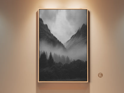 Monochrome Foggy Forest Canvas art print in a oak frame. Black and white mountain landscape wall art for modern nature decor. Misty pine trees add to the atmospheric mountain view. Neutral tone wall art enhances a serene nature artwork.