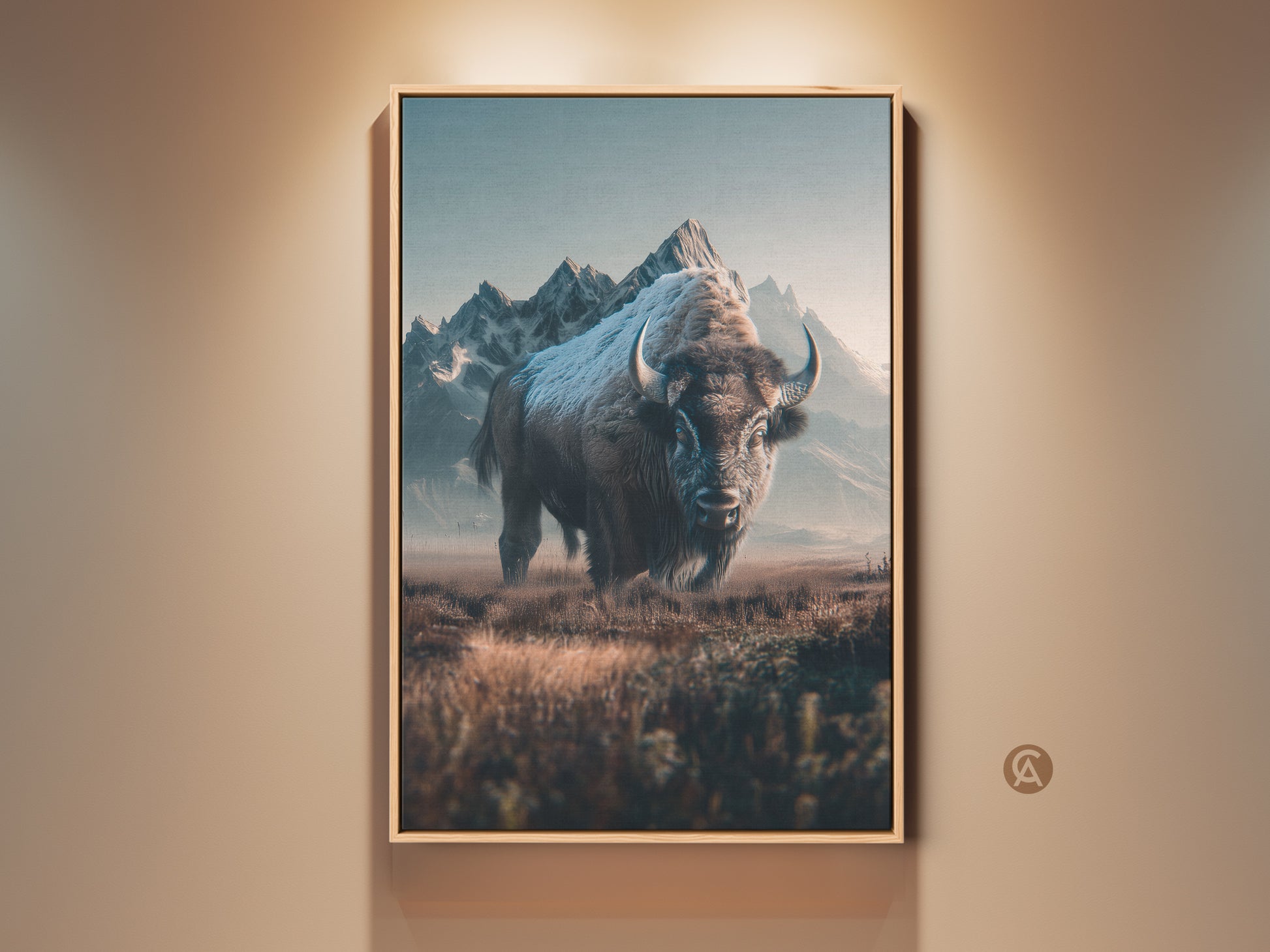 Majestic bison art print on canvas. The animal stands proudly against a backdrop of snow-capped mountains. This framed art adds rustic charm to any space. Perfect wall decor to bring nature indoors.