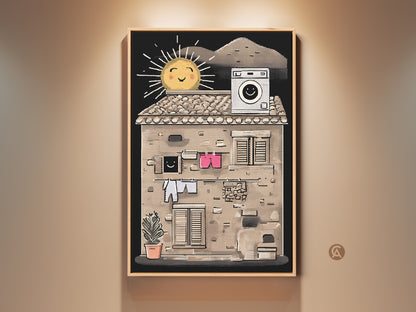 Halftone Sun & Laundry art print in a wooden frame. Retro beige yellow canvas art hanging showcases eclectic bedroom decor. It's an ideal gift for homeowners. This unique home decor print adds a touch of vintage charm.