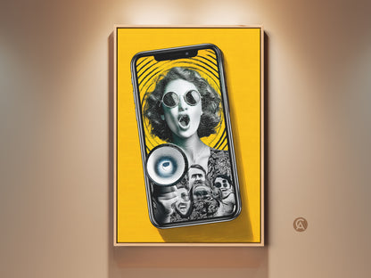 Contemporary collage art print displayed in a room setting. The pop art woman speaks into a megaphone. The artwork has a yellow background. It makes for unique home office decor. This is a powerful female art piece.