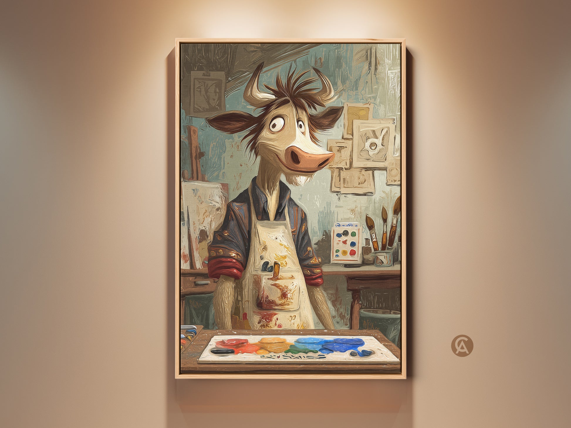 Cartoon Cow Artist Print displayed in a frame. This expressive animal wall art adds charm to any studio or office. It's an eclectic gift for art lovers. The artwork features a humorous cow painter surrounded by art supplies. The beige and brown tones with blue accents create a unique and artistic atmosphere.