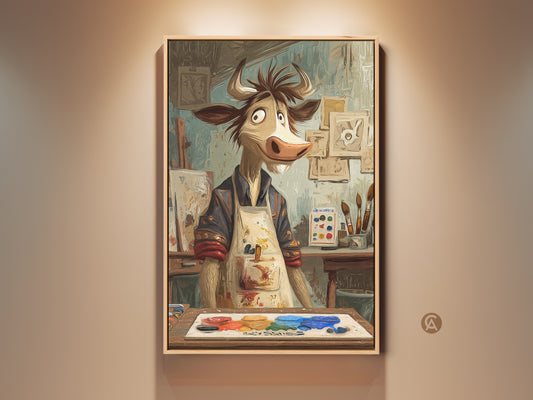 Cartoon Cow Artist Print displayed in a frame. This expressive animal wall art adds charm to any studio or office. It's an eclectic gift for art lovers. The artwork features a humorous cow painter surrounded by art supplies. The beige and brown tones with blue accents create a unique and artistic atmosphere.