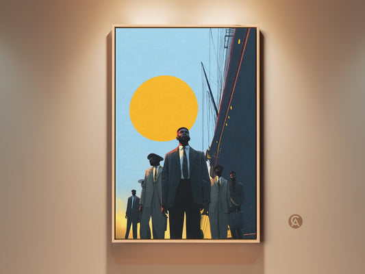 Vintage nautical themed artwork shows men in suits standing before a ship. The graphic style print features dark blue and yellow colors against a sky blue background. This eclectic piece is perfect for office decor or as a leader gift. It blends retro and nautical elements for a sophisticated look.
