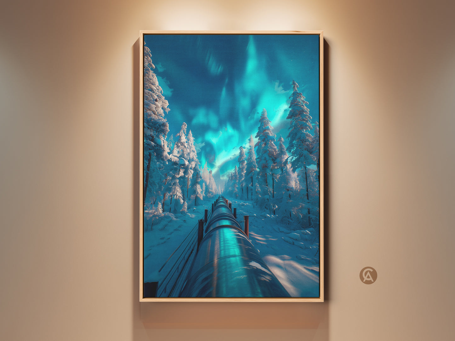 Gallery artwork featuring a winter forest with snow-covered trees. The art showcases a pipeline cutting through the snowy landscape under the mesmerizing Aurora Borealis. A framed canvas adding natural beauty to any space.
