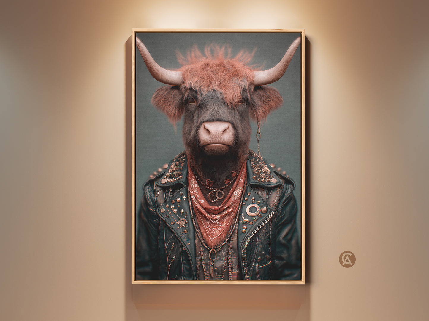 Striking Highland Cow art piece. This punk rock animal portrait showcases a cow wearing a biker jacket and bandana. A unique piece of eclectic man cave wall decor rendered in rust brown and teal perfect gift for rock fans.