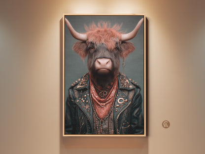 Striking Highland Cow art piece. This punk rock animal portrait showcases a cow wearing a biker jacket and bandana. A unique piece of eclectic man cave wall decor rendered in rust brown and teal perfect gift for rock fans.