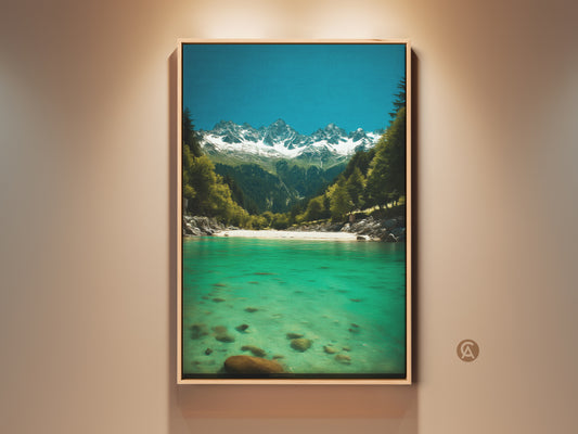 Stunning emerald river canvas art print. Deep blue sky nature wall art captures the snowy mountains. Impressionistic pine trees artwork brings natural beauty to your modern home. Perfect housewarming nature gift for outdoor enthusiasts.