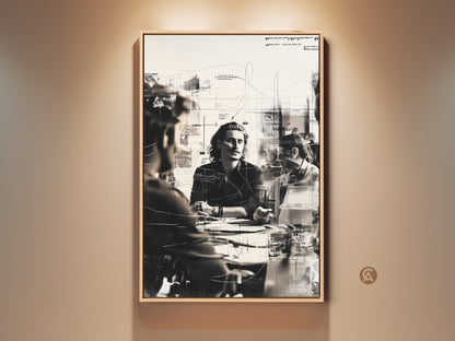 Abstract monochrome people art print on canvas. This business meeting sketch artwork is a contemporary office wall decor idea. Shop this modern black and white canvas art. It adds a sophisticated touch to your workspace or executive office. Perfect entrepreneur gift for creative collaboration.