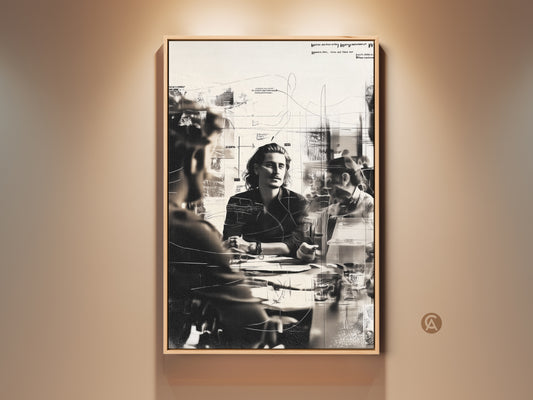 Abstract monochrome people art print on canvas. This business meeting sketch artwork is a contemporary office wall decor idea. Shop this modern black and white canvas art. It adds a sophisticated touch to your workspace or executive office. Perfect entrepreneur gift for creative collaboration.