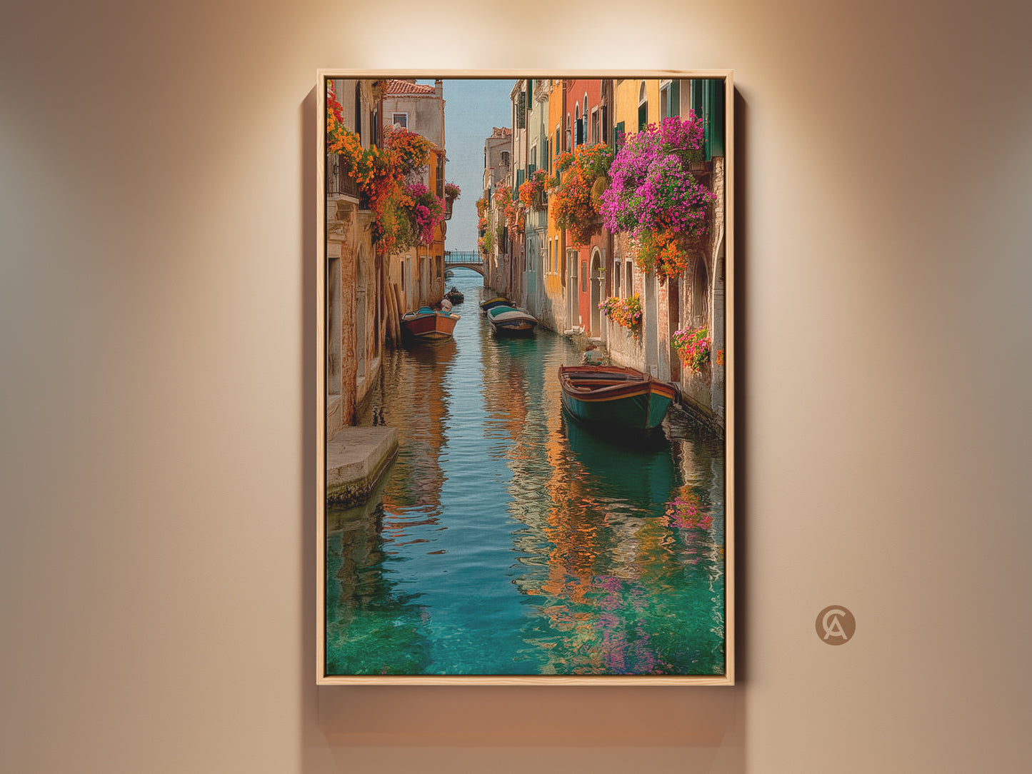 Framed Bohemian Venice Canal Art Print. This Italian romantic landscape canvas is colorful wall decor. Flowers cascade from balconies and boats float in this travel gift art.