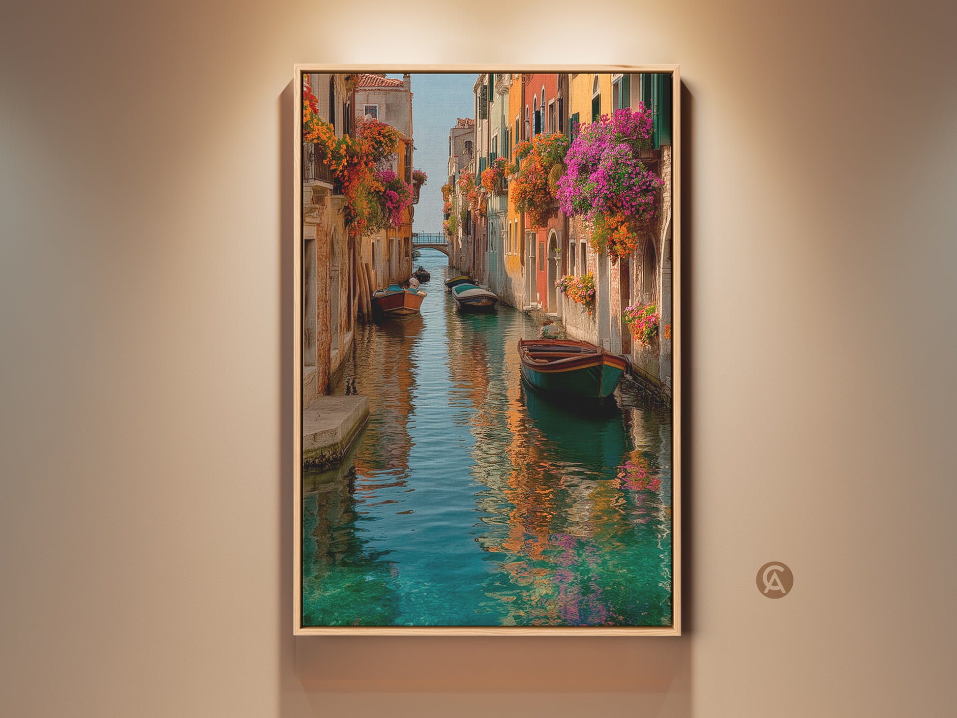 Framed Bohemian Venice Canal Art Print. This Italian romantic landscape canvas is colorful wall decor. Flowers cascade from balconies and boats float in this travel gift art.