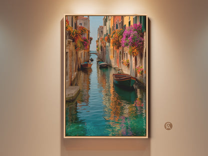 Framed Bohemian Venice Canal Art Print. This Italian romantic landscape canvas is colorful wall decor. Flowers cascade from balconies and boats float in this travel gift art.