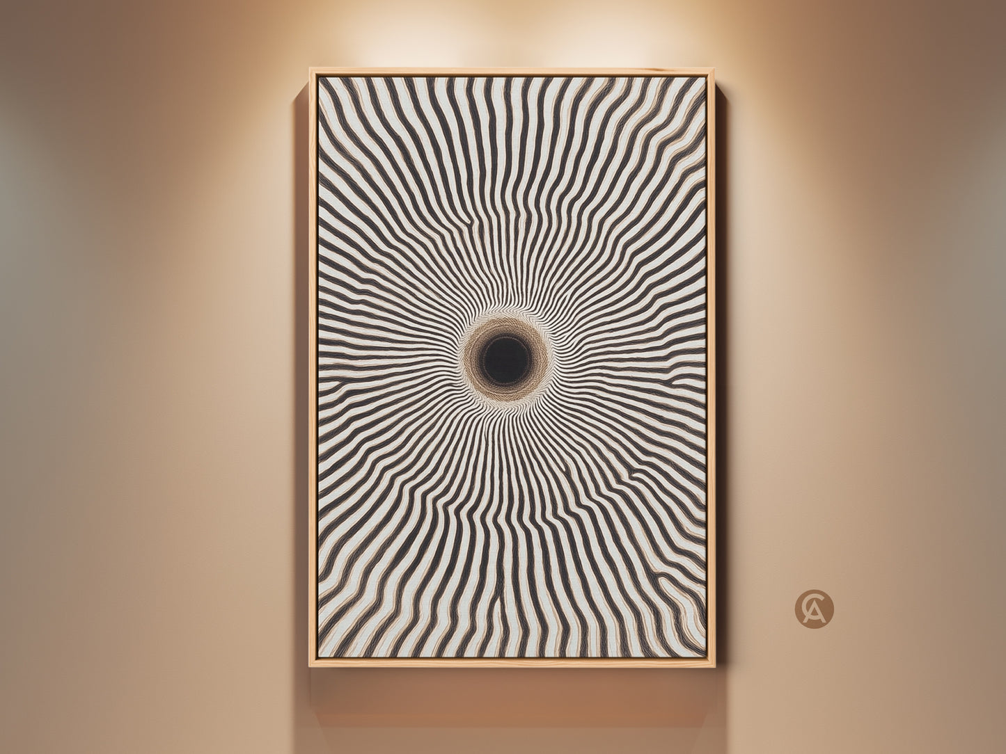 Framed minimalist geometric wall art displayed on a beige wall. It is a black and white abstract art piece with a tunnel vortex pattern. This contemporary home decor adds a focal point to any space.