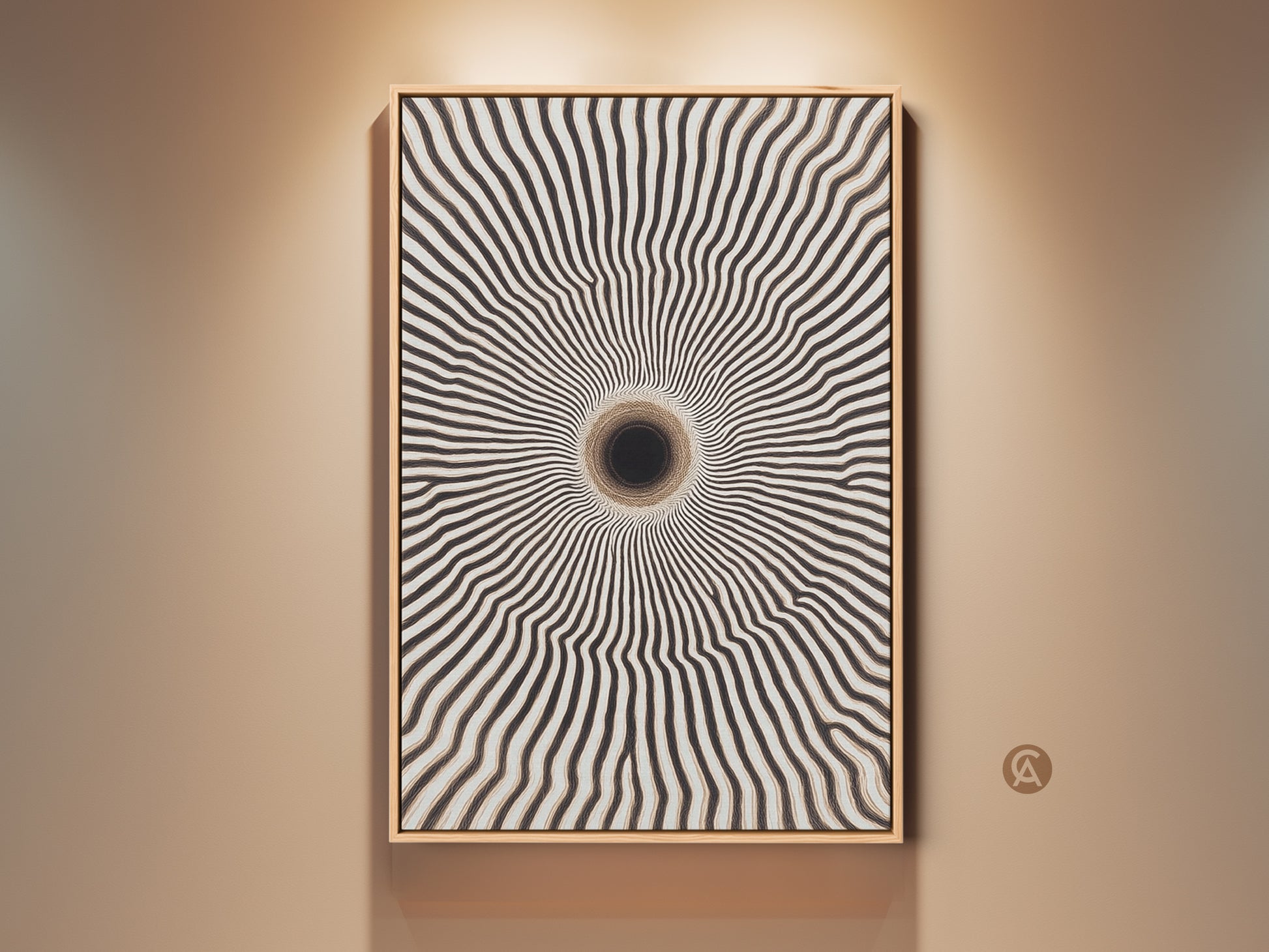 Framed minimalist geometric wall art displayed on a beige wall. It is a black and white abstract art piece with a tunnel vortex pattern. This contemporary home decor adds a focal point to any space.