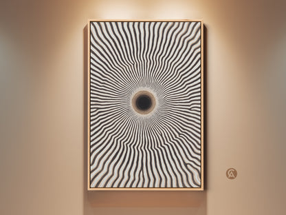 Framed minimalist geometric wall art displayed on a beige wall. It is a black and white abstract art piece with a tunnel vortex pattern. This contemporary home decor adds a focal point to any space.