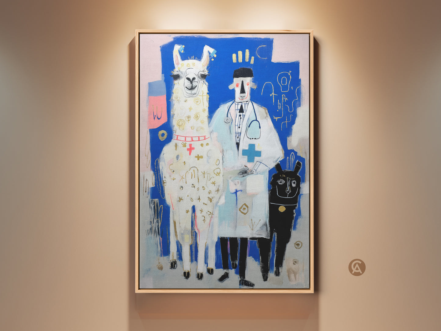 Gallery view of the Llama Doctor Art Print. This modern folk style artwork features a blue white and gold palette. The eclectic canvas art is a unique veterinarian gift idea and brightens any office.