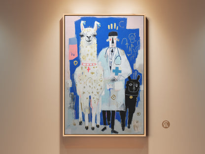 Gallery view of the Llama Doctor Art Print. This modern folk style artwork features a blue white and gold palette. The eclectic canvas art is a unique veterinarian gift idea and brightens any office.