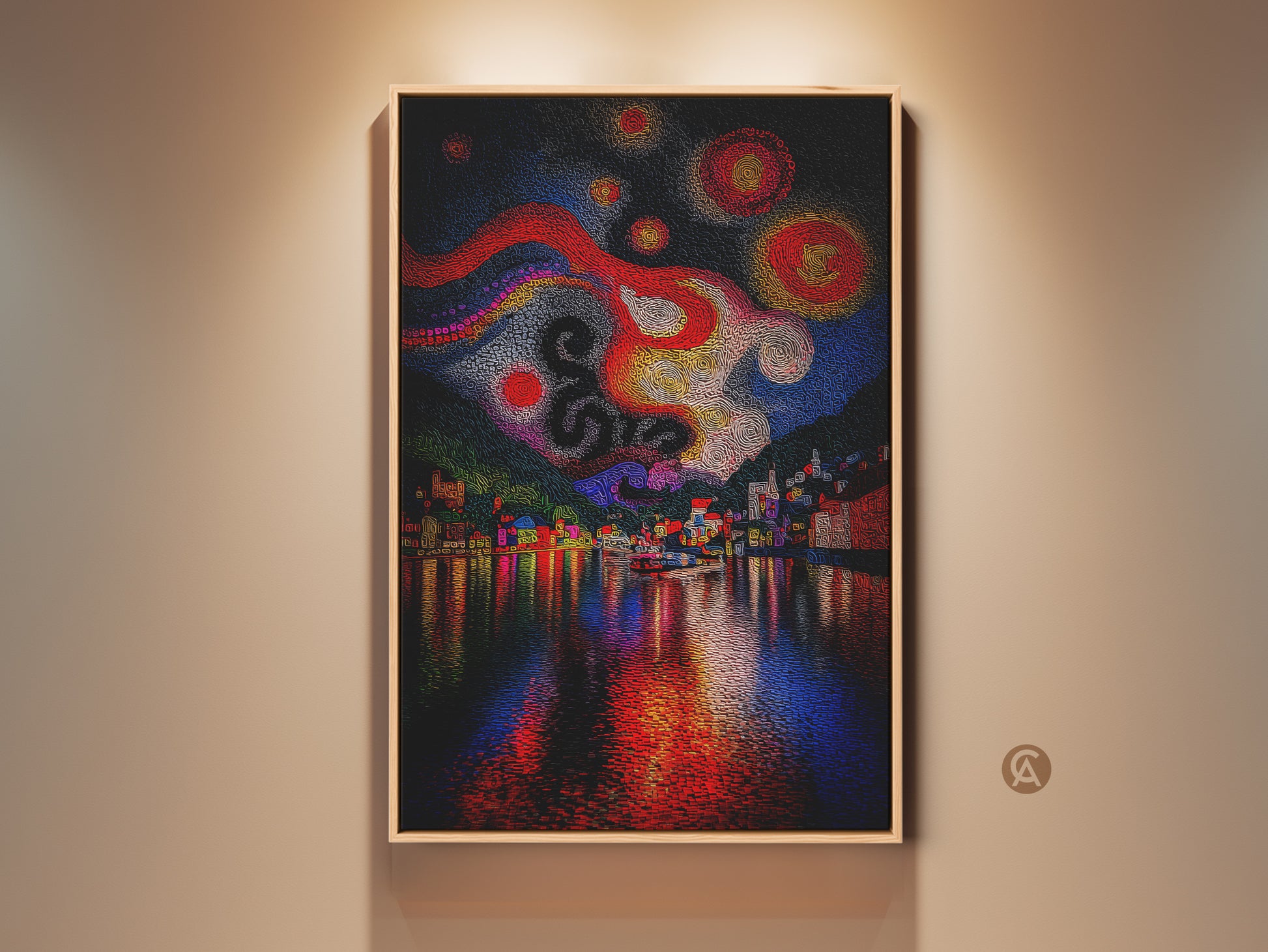 Abstract Village Night Sky Art Print is framed in a light wood. The colorful cityscape canvas features red blue and yellow hues. This eclectic bedroom wall art is perfect for home decor.
