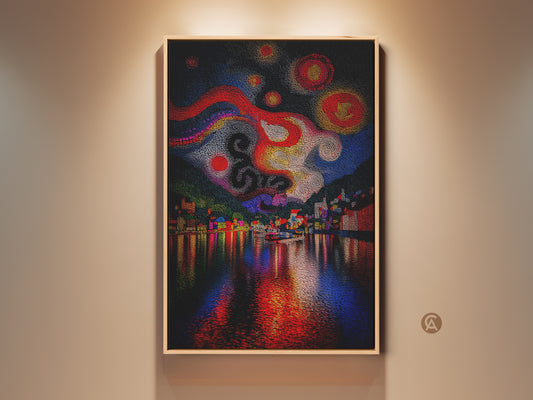 Abstract Village Night Sky Art Print is framed in a light wood. The colorful cityscape canvas features red blue and yellow hues. This eclectic bedroom wall art is perfect for home decor.