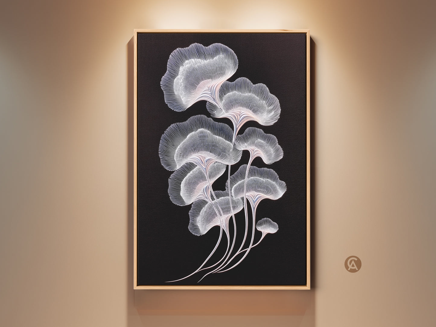 Striking ginkgo leaf artwork in a minimalist style. The black background makes the delicate white and pink lines pop. Perfect for a modern bedroom or living room. This canvas art print brings elegance to any space. A thoughtful gift for housewarmings too.