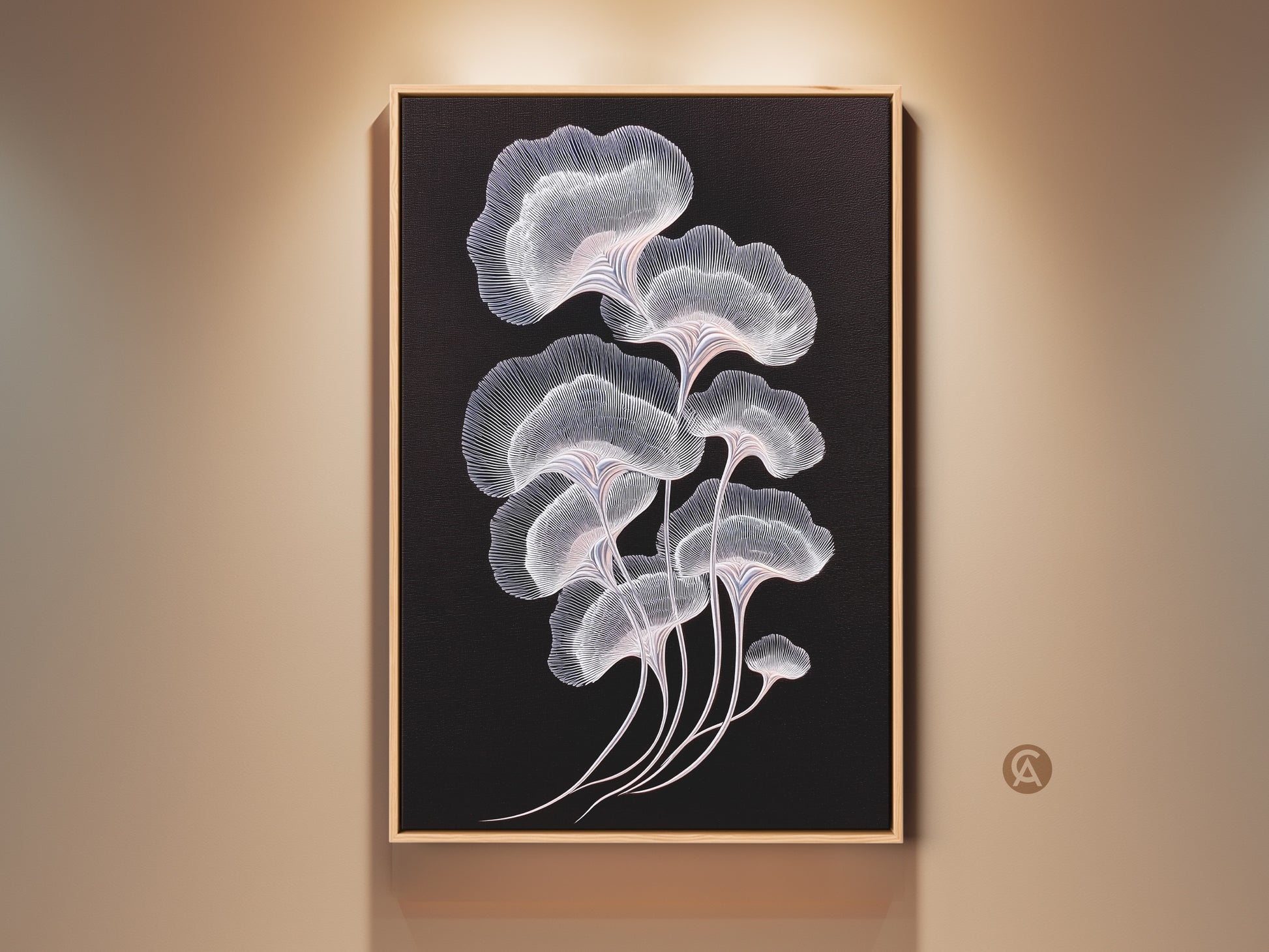 Striking ginkgo leaf artwork in a minimalist style. The black background makes the delicate white and pink lines pop. Perfect for a modern bedroom or living room. This canvas art print brings elegance to any space. A thoughtful gift for housewarmings too.