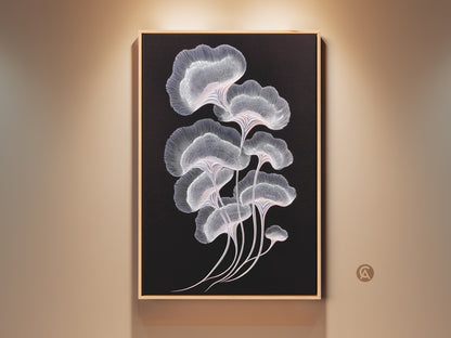 Striking ginkgo leaf artwork in a minimalist style. The black background makes the delicate white and pink lines pop. Perfect for a modern bedroom or living room. This canvas art print brings elegance to any space. A thoughtful gift for housewarmings too.