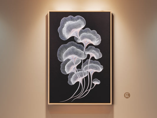 Striking ginkgo leaf artwork in a minimalist style. The black background makes the delicate white and pink lines pop. Perfect for a modern bedroom or living room. This canvas art print brings elegance to any space. A thoughtful gift for housewarmings too.