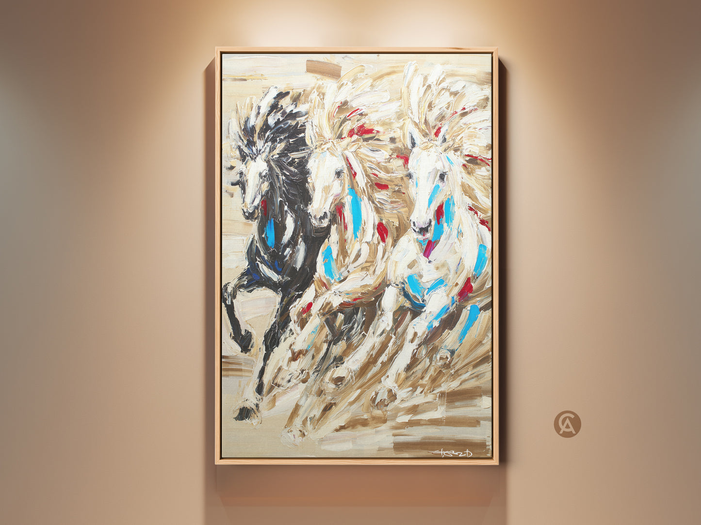 Gallery view of an eclectic horse wall art. This spiritual animal canvas print features three horses running. The tan brown and white decor is Native American inspired and framed in oak.