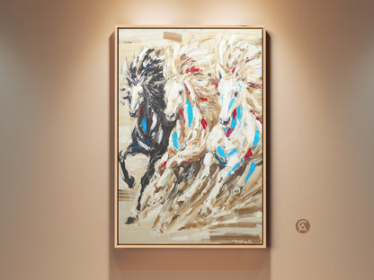 Gallery view of an eclectic horse wall art. This spiritual animal canvas print features three horses running. The tan brown and white decor is Native American inspired and framed in oak.