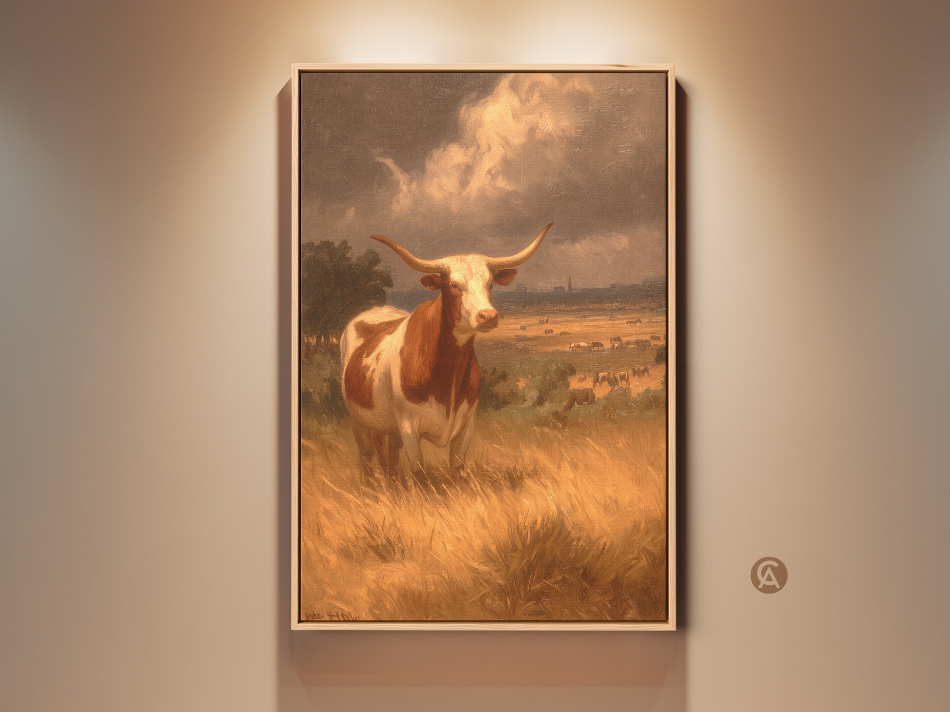Experience the rustic charm of this Longhorn artwork. The painting features a majestic Longhorn standing proudly in a golden field. It evokes the spirit of the American West. A timeless piece to enrich any art collection. Perfect for adding a touch of Texan heritage to your home.