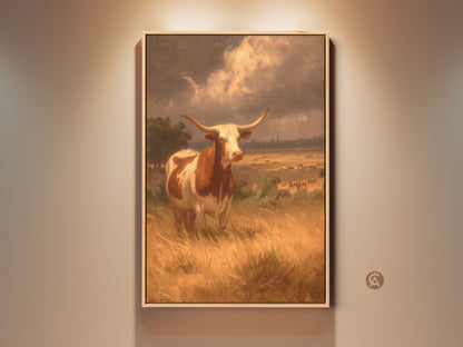 Experience the rustic charm of this Longhorn artwork. The painting features a majestic Longhorn standing proudly in a golden field. It evokes the spirit of the American West. A timeless piece to enrich any art collection. Perfect for adding a touch of Texan heritage to your home.