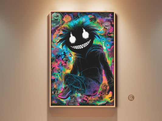 Framed artwork featuring a dark figure with glowing eyes and a wide smile. The art style is graffiti with vibrant colors. It's a unique piece to add to your art collection. Decorate your space with this eye-catching framed art.
