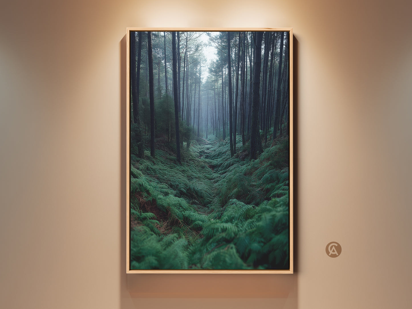 Misty Forest Fern Wall Art on display. This nature artwork features emerald green pine trees. It's a serene woodland landscape canvas print. A perfect housewarming gift idea for modern farmhouse decor.