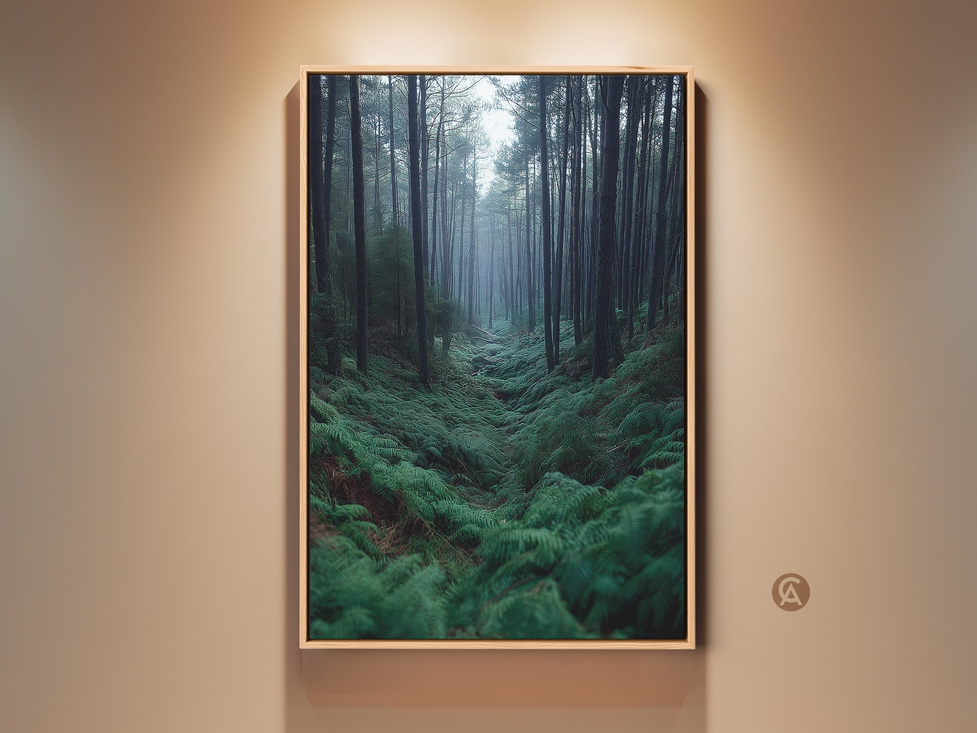 Misty Forest Fern Wall Art on display. This nature artwork features emerald green pine trees. It's a serene woodland landscape canvas print. A perfect housewarming gift idea for modern farmhouse decor.