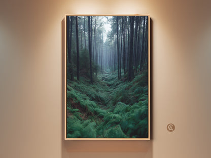 Misty Forest Fern Wall Art on display. This nature artwork features emerald green pine trees. It's a serene woodland landscape canvas print. A perfect housewarming gift idea for modern farmhouse decor.