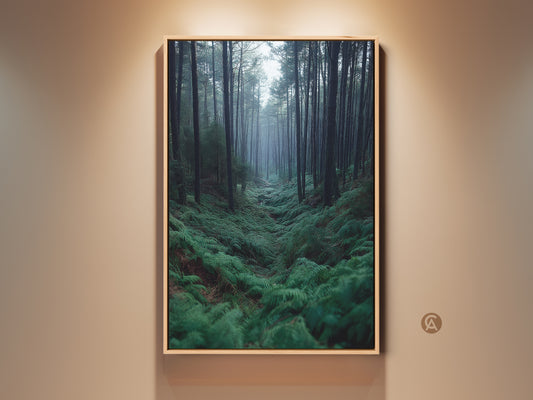 Misty Forest Fern Wall Art on display. This nature artwork features emerald green pine trees. It's a serene woodland landscape canvas print. A perfect housewarming gift idea for modern farmhouse decor.