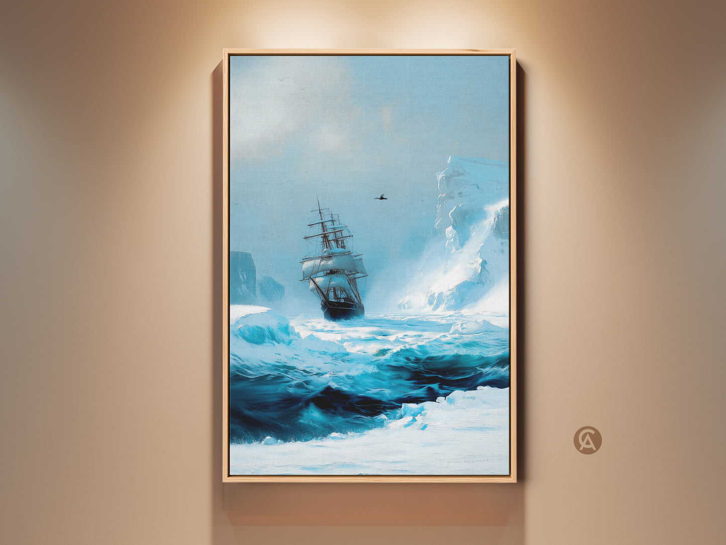 Framed arctic tall ship artwork in a room setting. This ocean blue iceberg seascape canvas wall art adds nautical home office decor. The maritime adventure is brought to life.