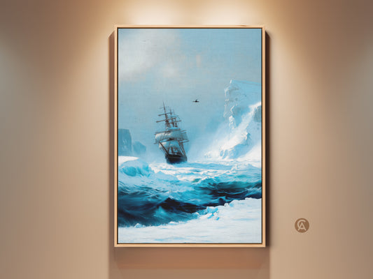 Framed arctic tall ship artwork in a room setting. This ocean blue iceberg seascape canvas wall art adds nautical home office decor. The maritime adventure is brought to life.