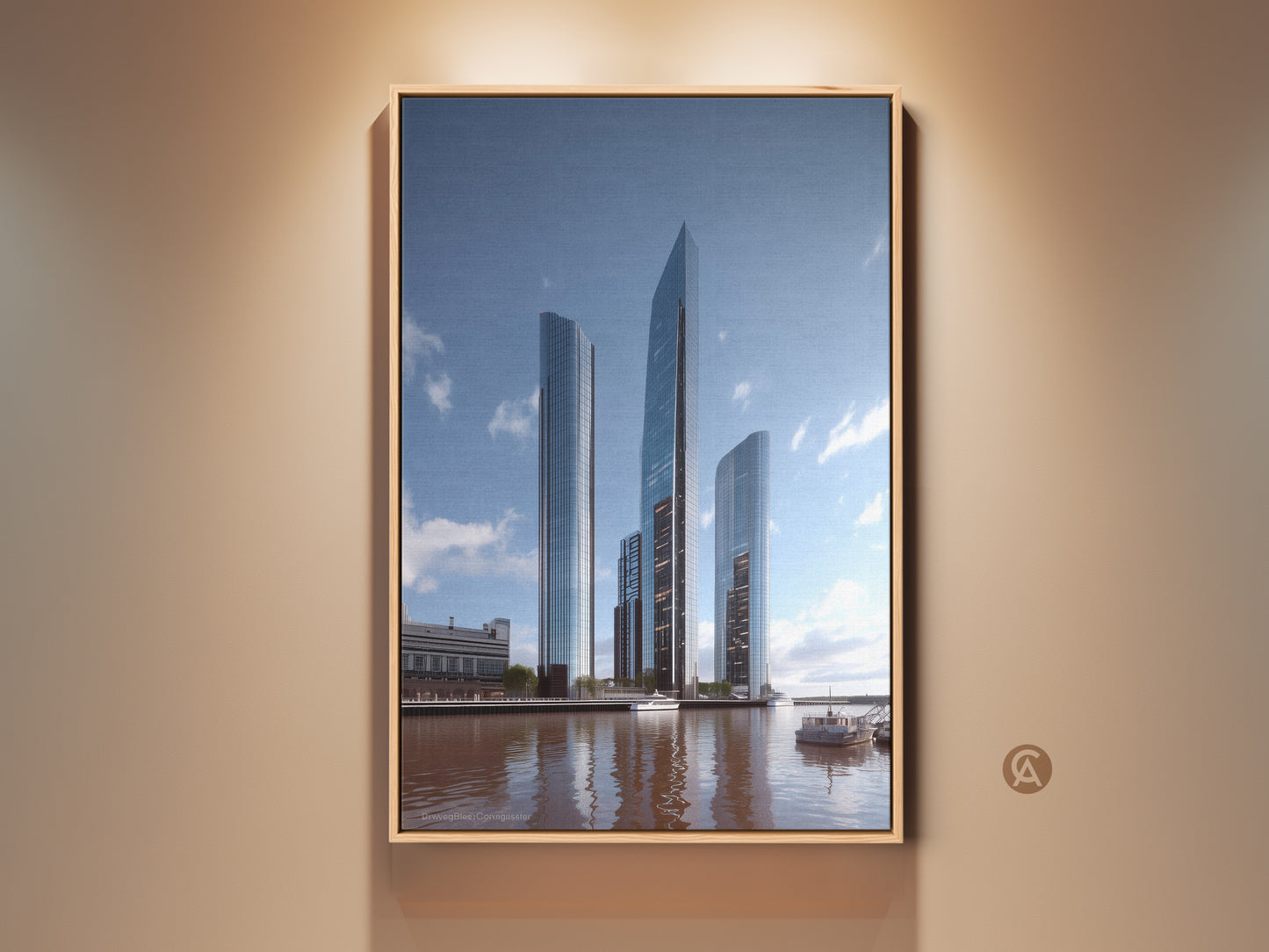 Framed modern cityscape canvas art towers over a calm river. Reflected light adds steel blue and gray tones to the urban scene. This contemporary artwork provides sophistication and is perfect as office wall art or a thoughtful gift for urban explorers.